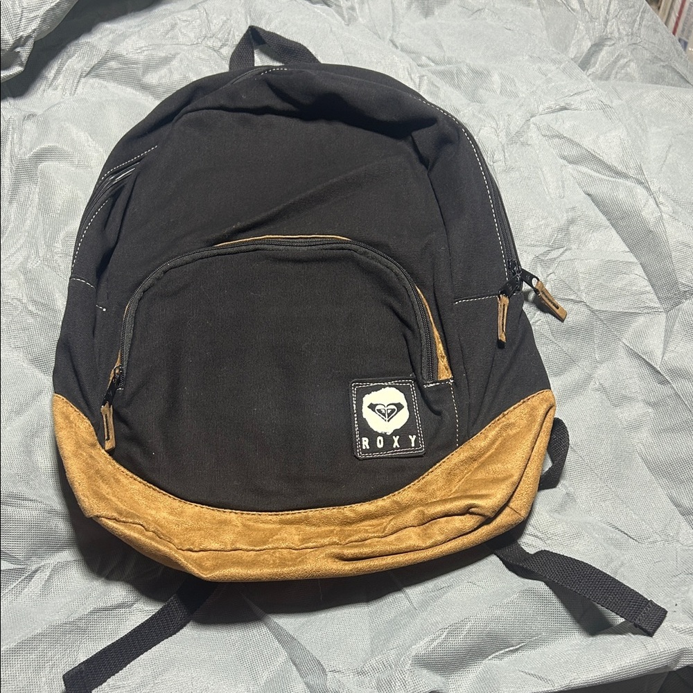 Roxy Black Canvas Backpack with Brown Suede-Style Base